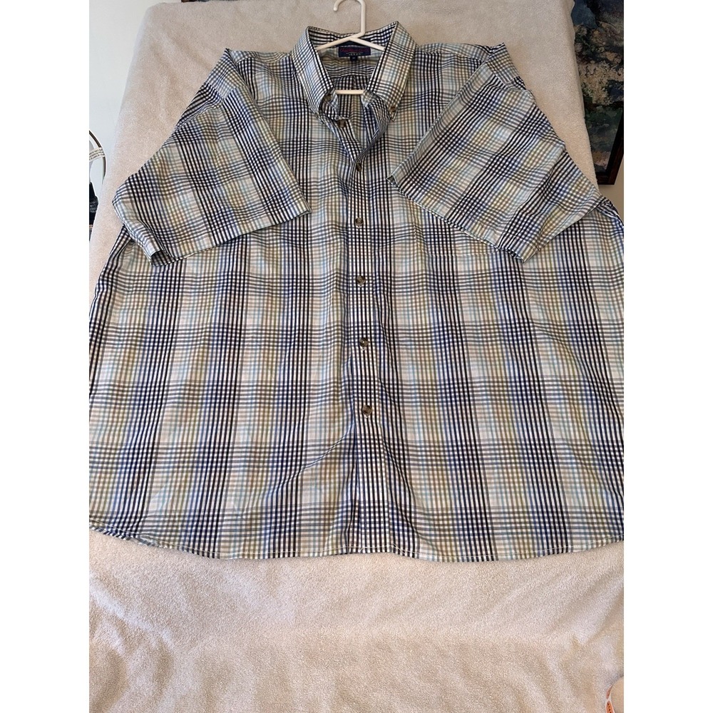 Chatham Cloth by Enro Mens 3X Plaid Button Down Shirt Blue Tan Short Sleeve